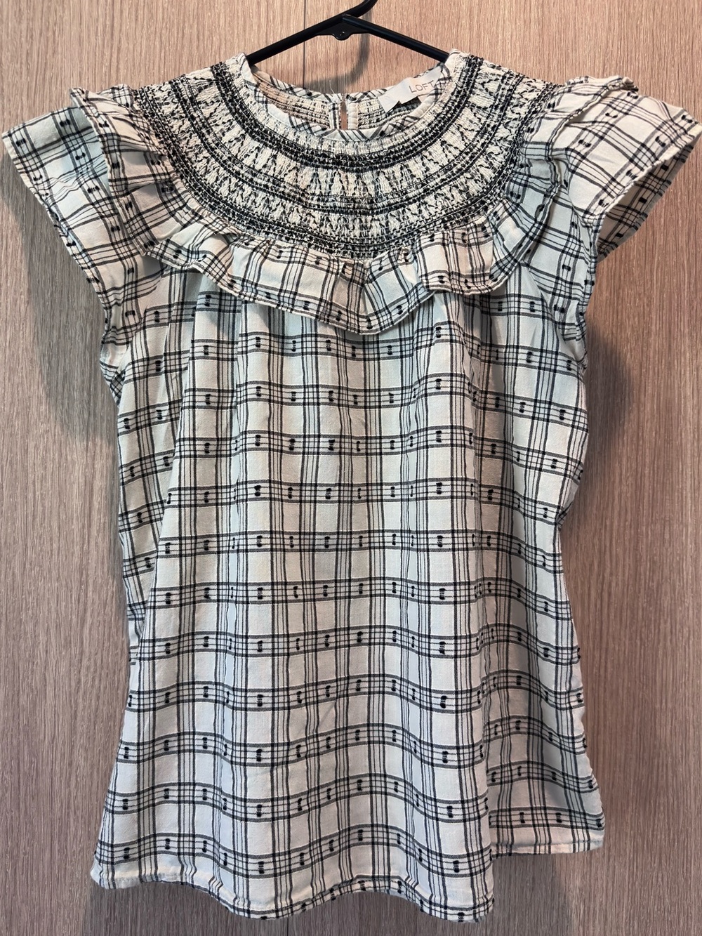 LOFT Black & White Smocked Plaid Ruffle Yoke Top